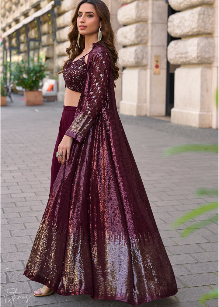 Wine Georgette Jacket Choli Palazzo Suit