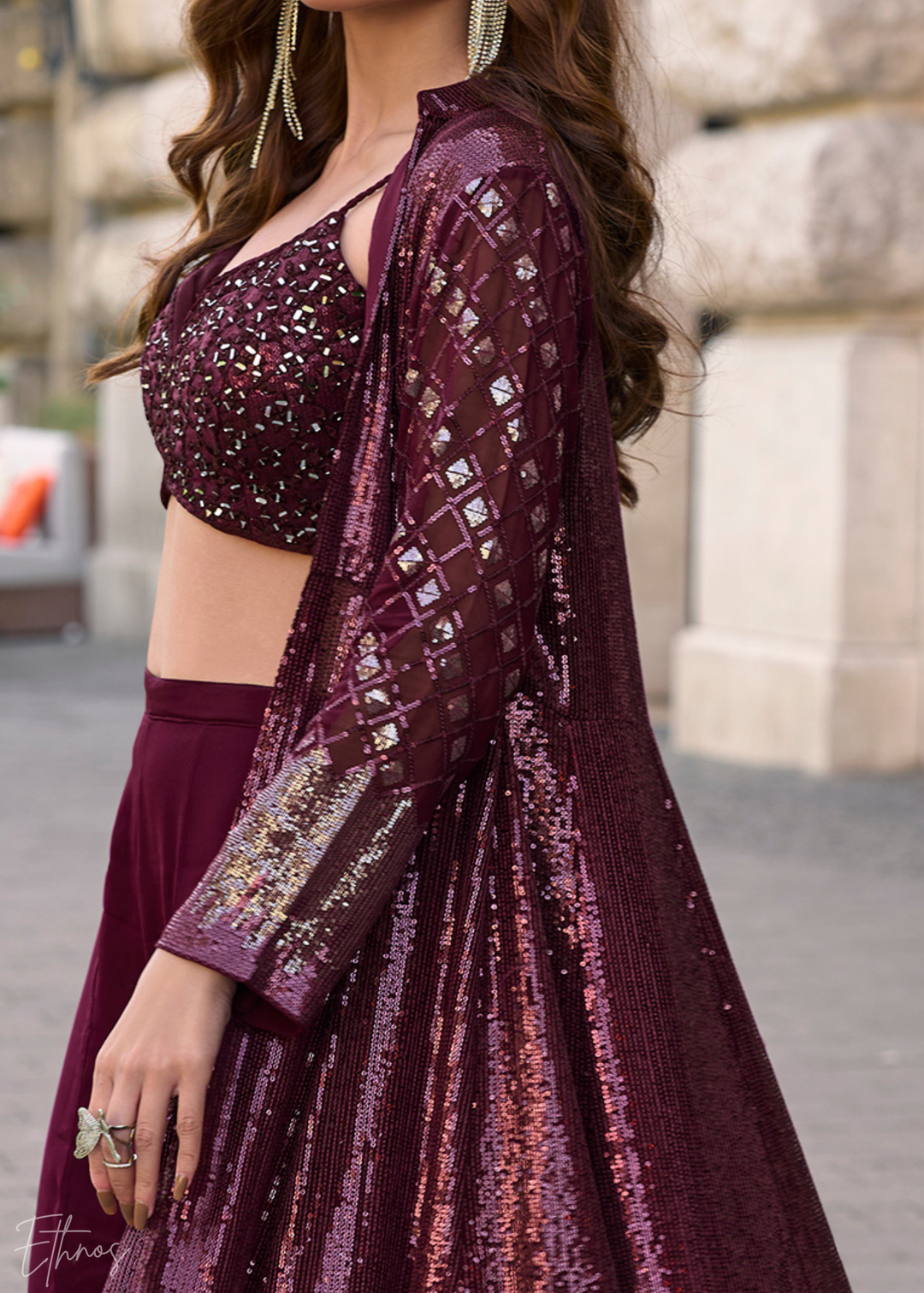 Wine Georgette Jacket Choli Palazzo Suit