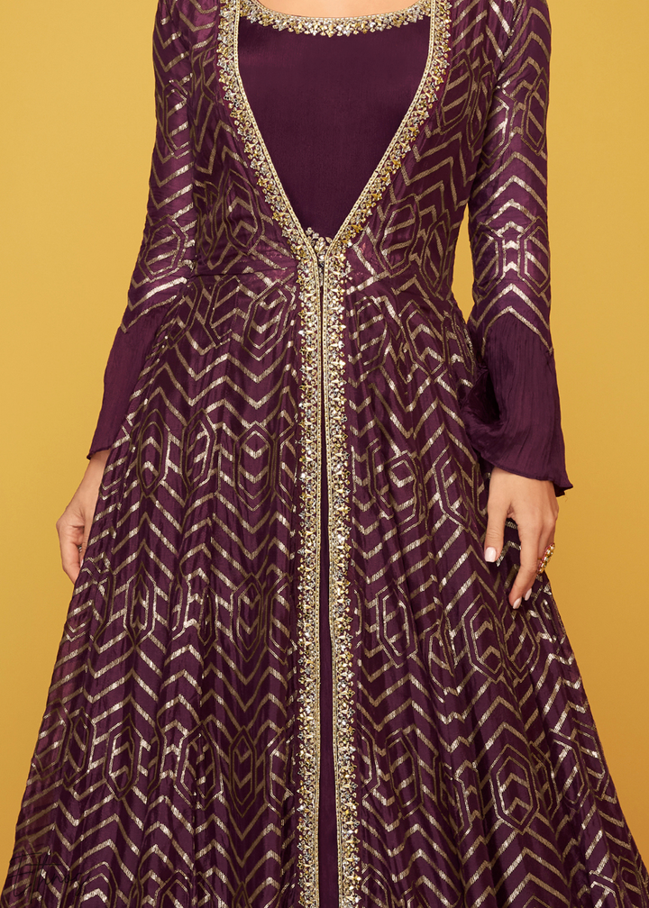 Wine Gilded Silk Jacket Gown Set