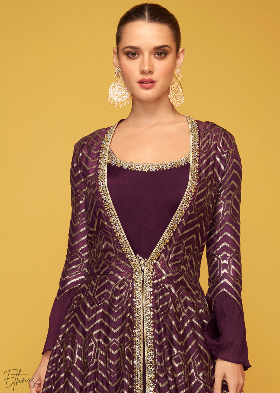 Wine Gilded Silk Jacket Gown Set
