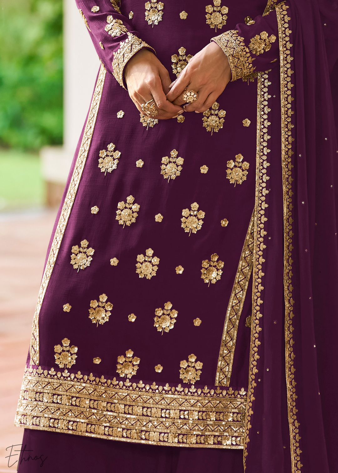 Wine Purple Embroidered Chinon Palazzo Suit