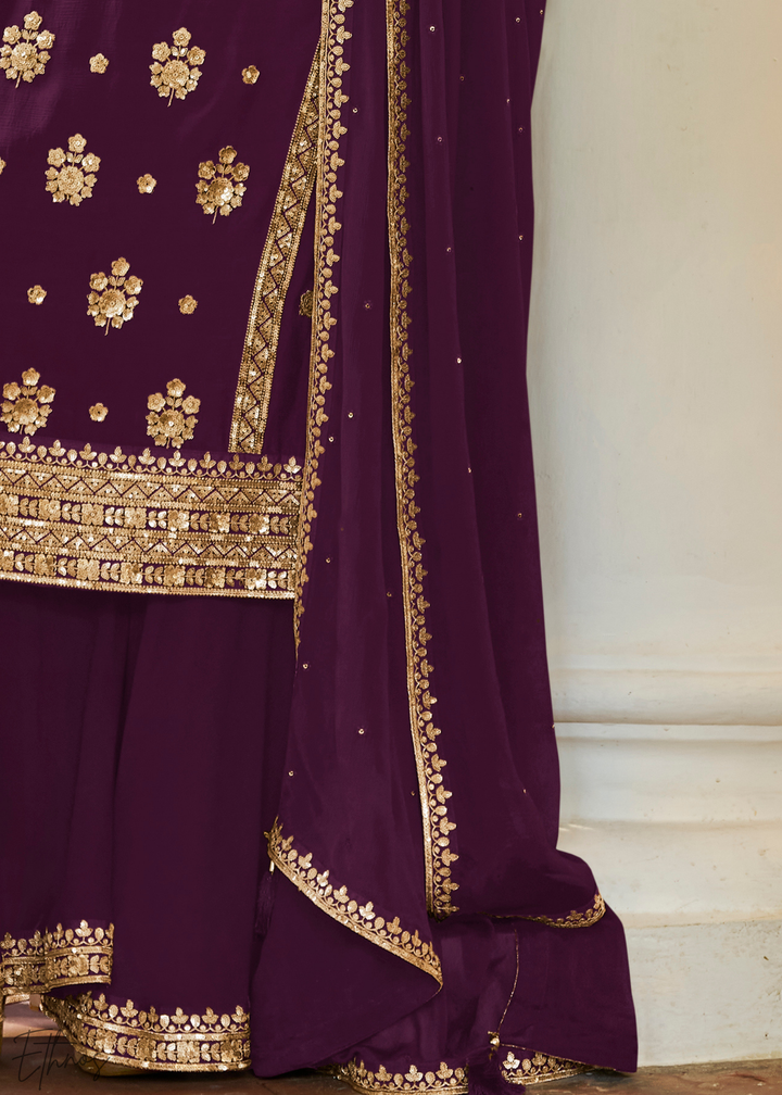 Wine Purple Embroidered Chinon Palazzo Suit