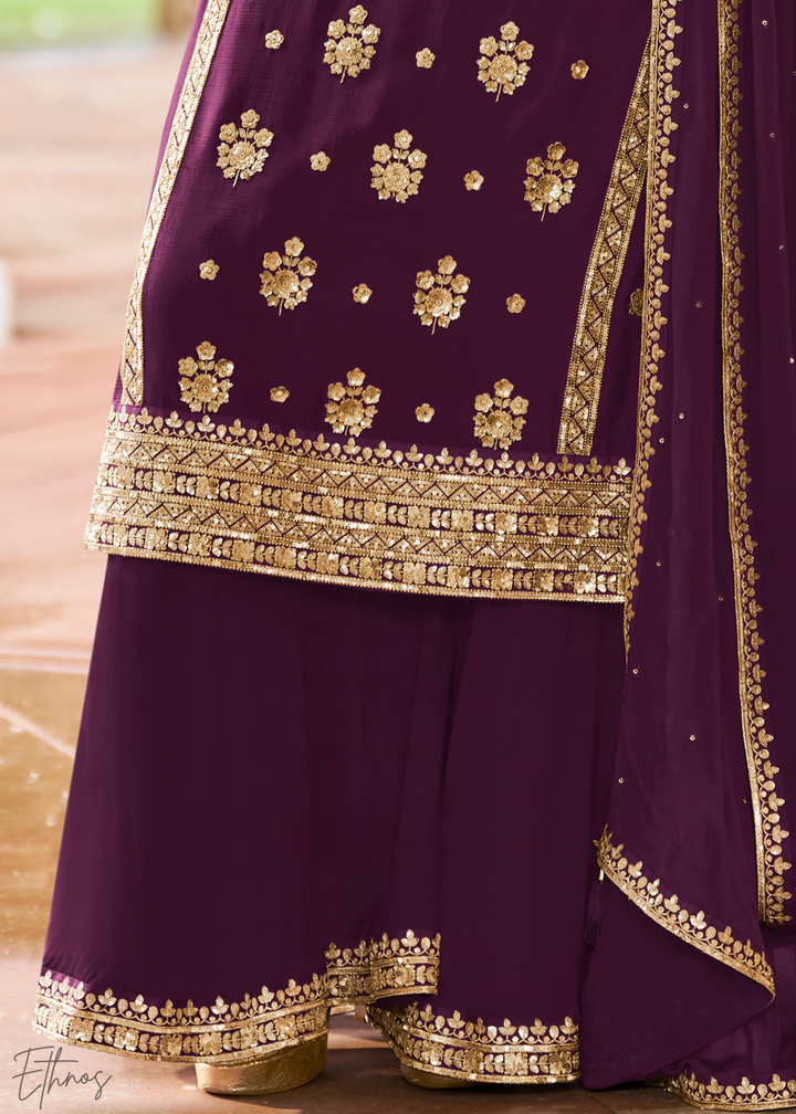 Wine Purple Embroidered Chinon Palazzo Suit