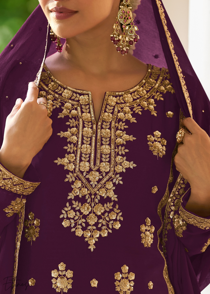 Wine Purple Embroidered Chinon Palazzo Suit