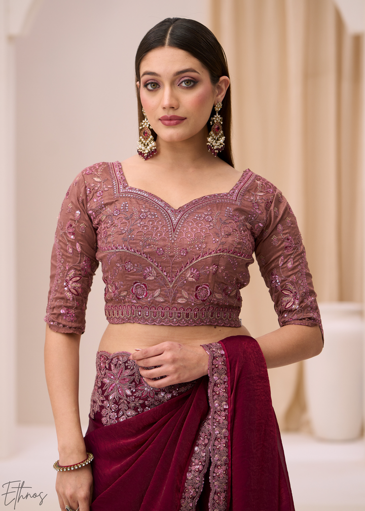 Wine Purple Intricate Border Satin Silk Saree
