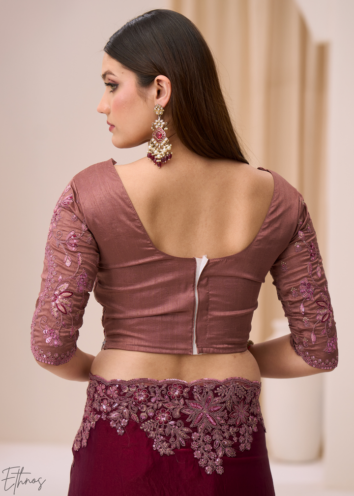 Wine Purple Intricate Border Satin Silk Saree