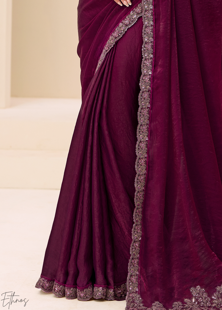 Wine Purple Intricate Border Satin Silk Saree
