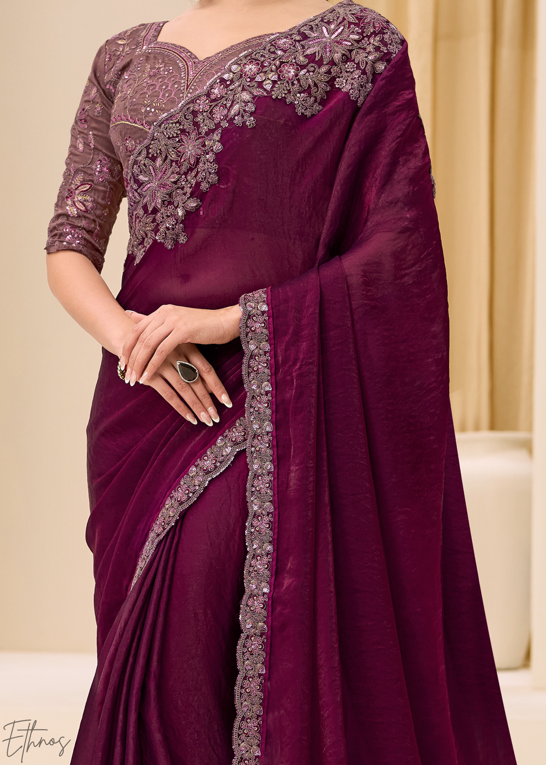 Wine Purple Intricate Border Satin Silk Saree