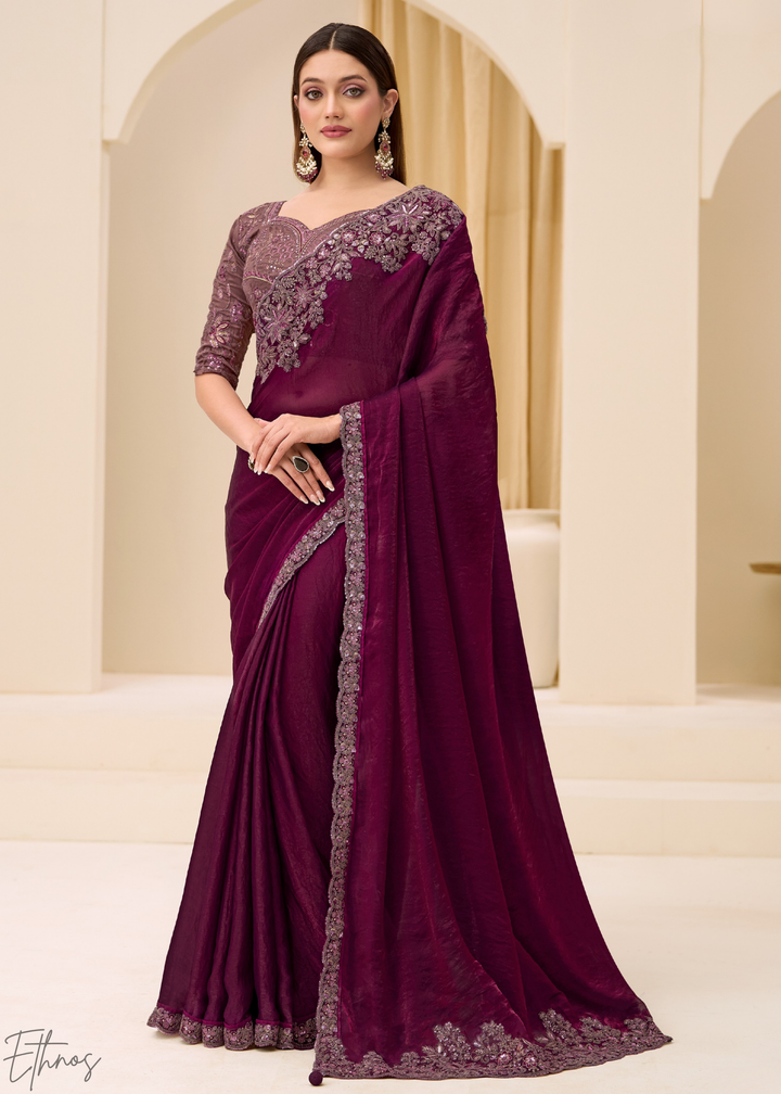 Wine Purple Intricate Border Satin Silk Saree