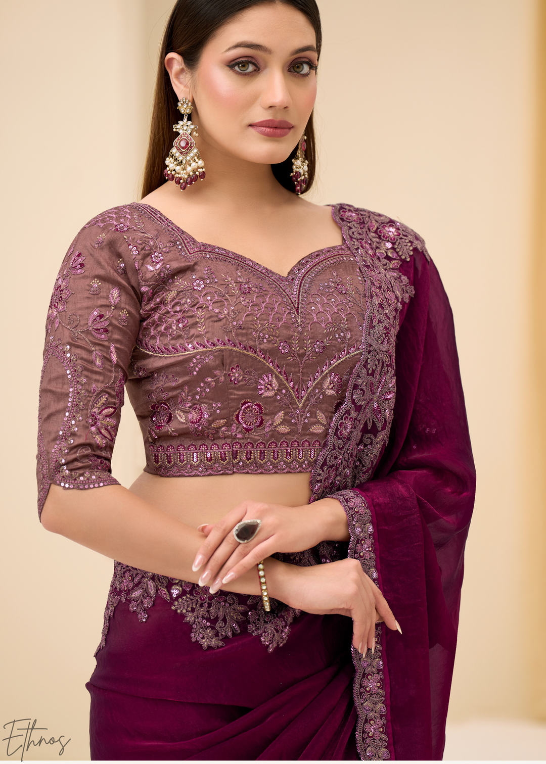 Wine Purple Intricate Border Satin Silk Saree