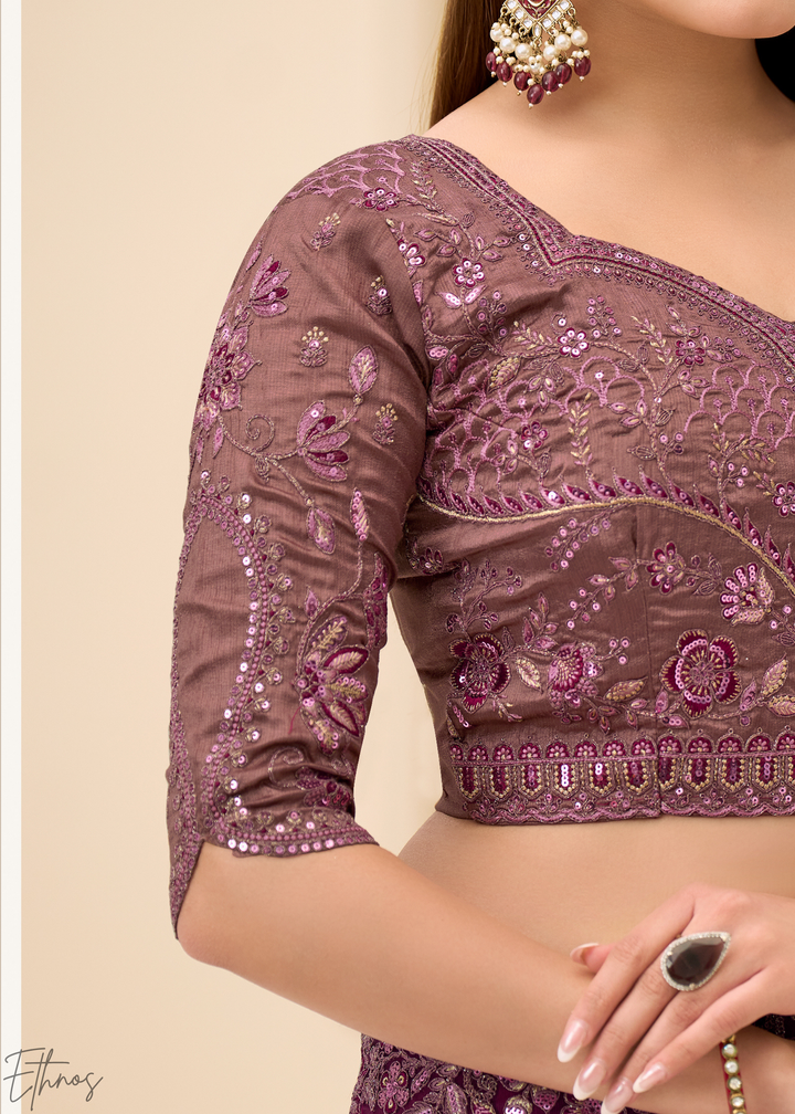 Wine Purple Intricate Border Satin Silk Saree
