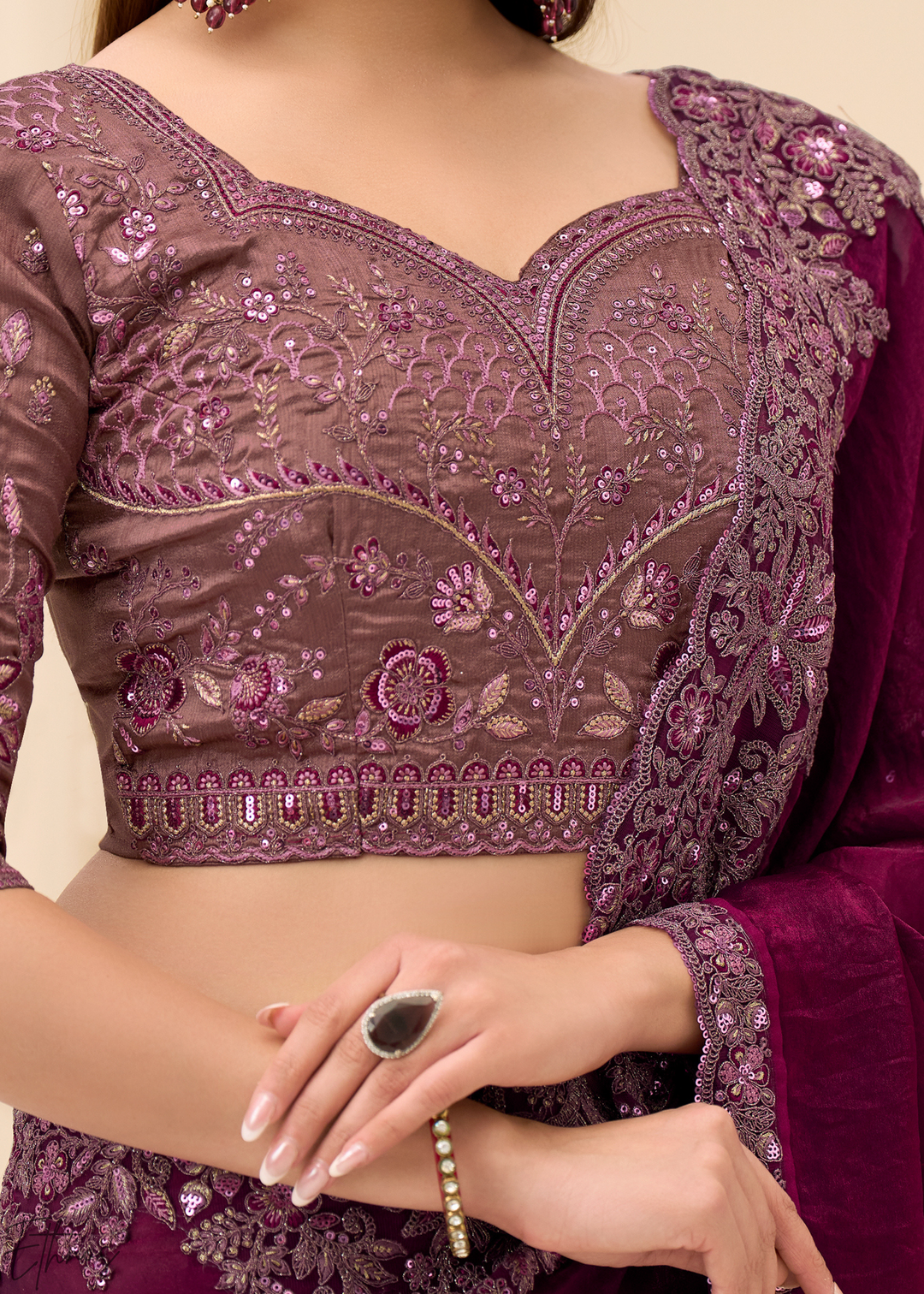 Wine Purple Intricate Border Satin Silk Saree