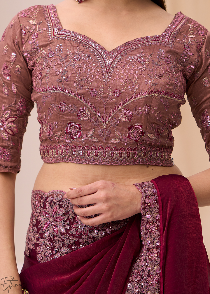 Wine Purple Intricate Border Satin Silk Saree