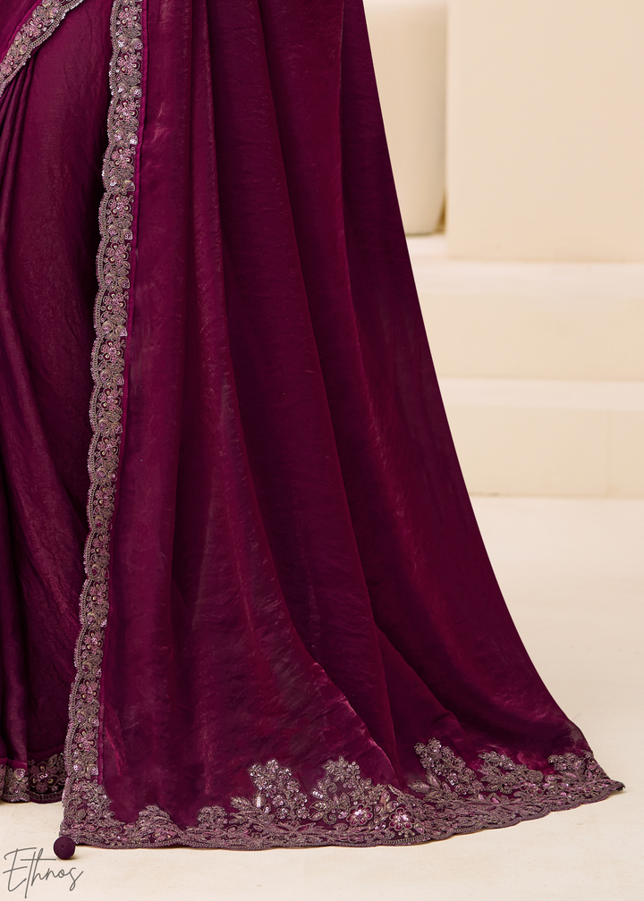 Wine Purple Intricate Border Satin Silk Saree