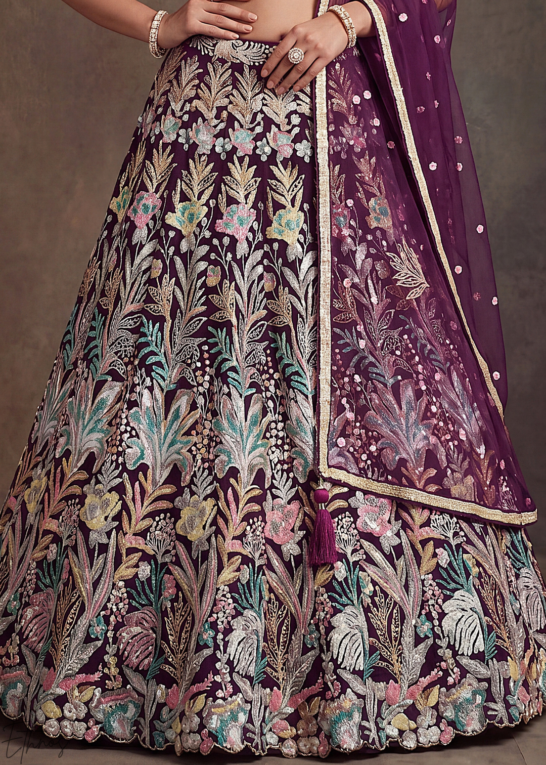 Wine Radiant Blossom Soft Net Lehenga Choli