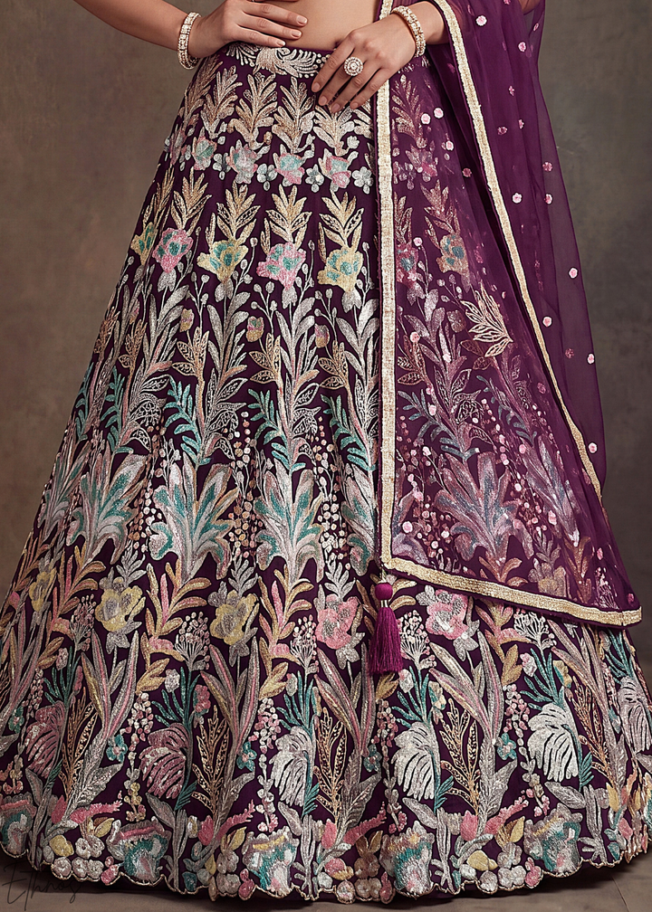 Wine Radiant Blossom Soft Net Lehenga Choli