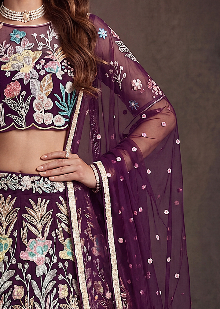 Wine Radiant Blossom Soft Net Lehenga Choli