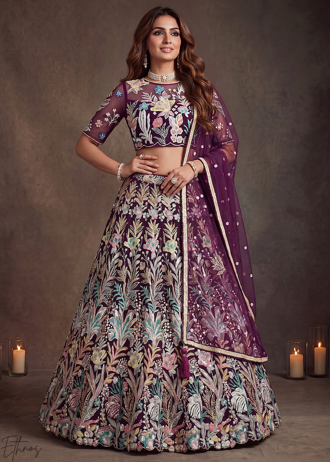 Wine Radiant Blossom Soft Net Lehenga Choli