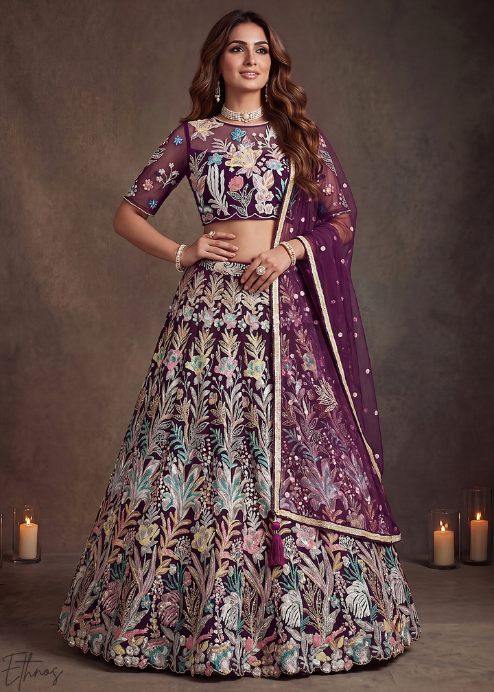 Wine Radiant Blossom Soft Net Lehenga Choli
