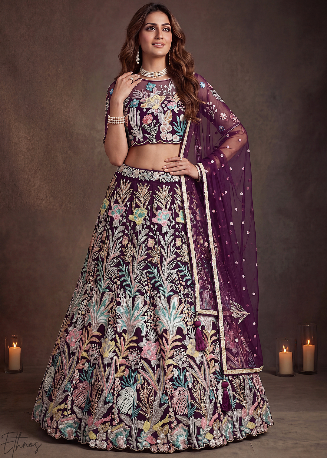 Wine Radiant Blossom Soft Net Lehenga Choli