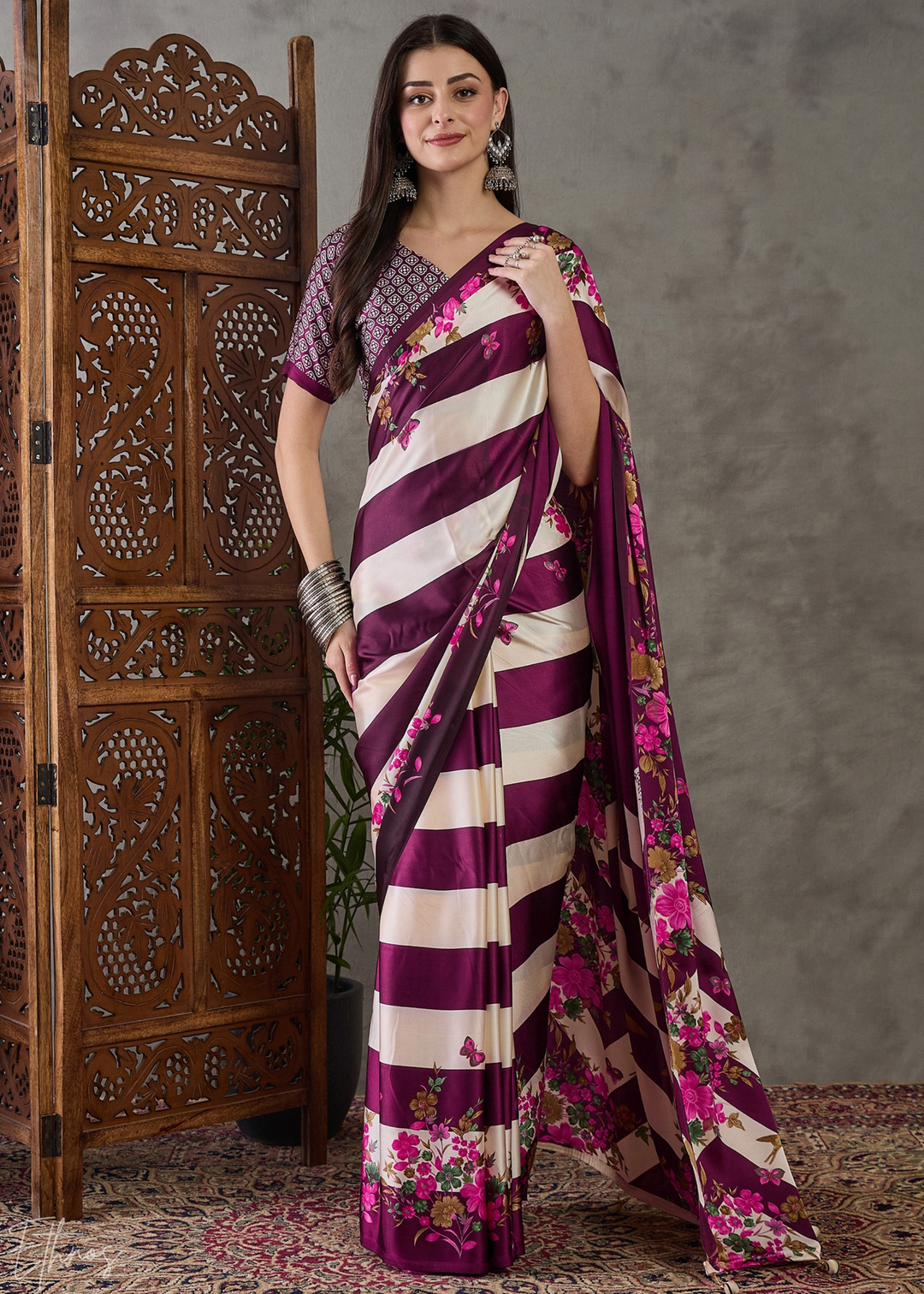 Wine Floral Striped Modal Silk Saree
