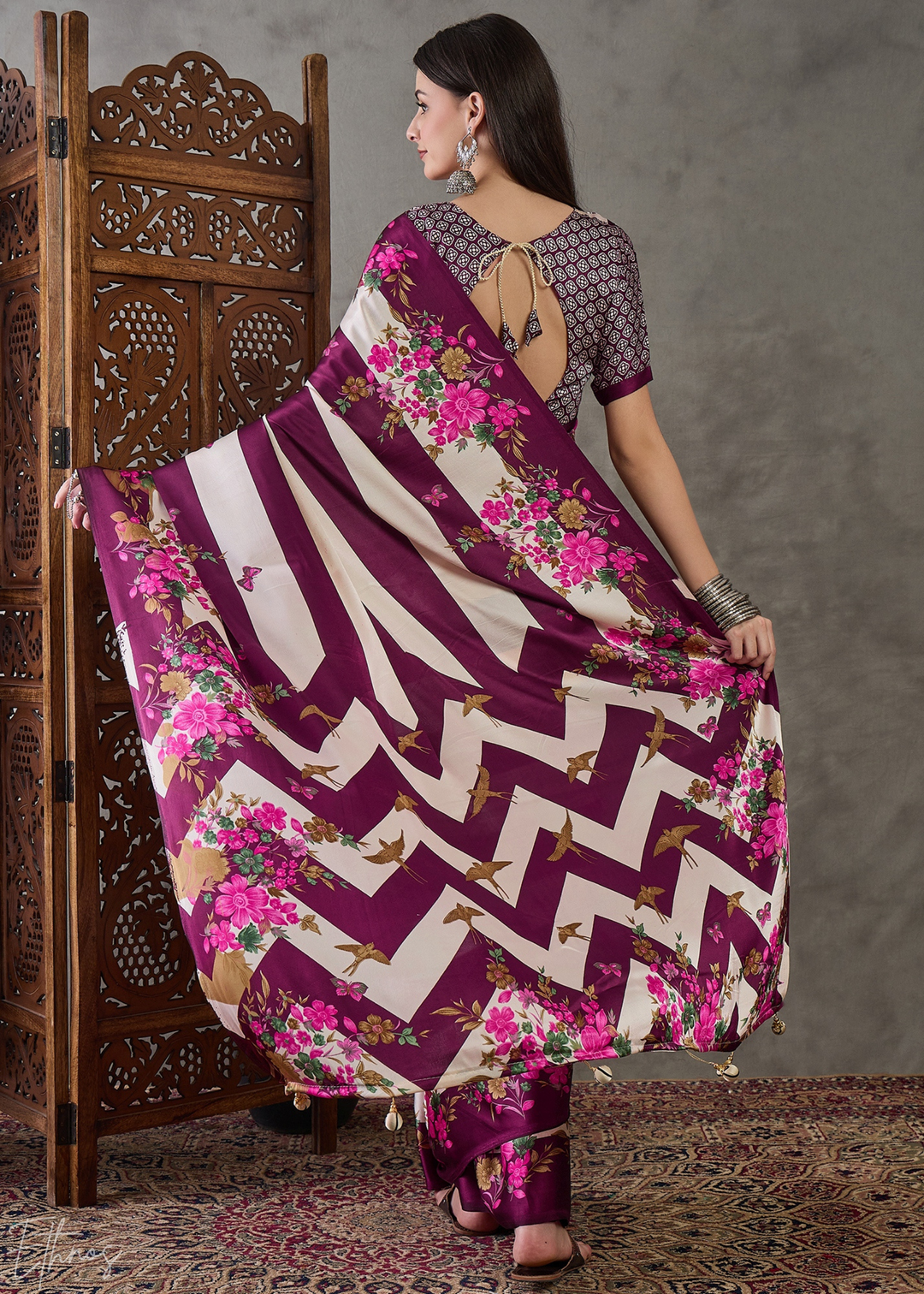 Wine Floral Striped Modal Silk Saree