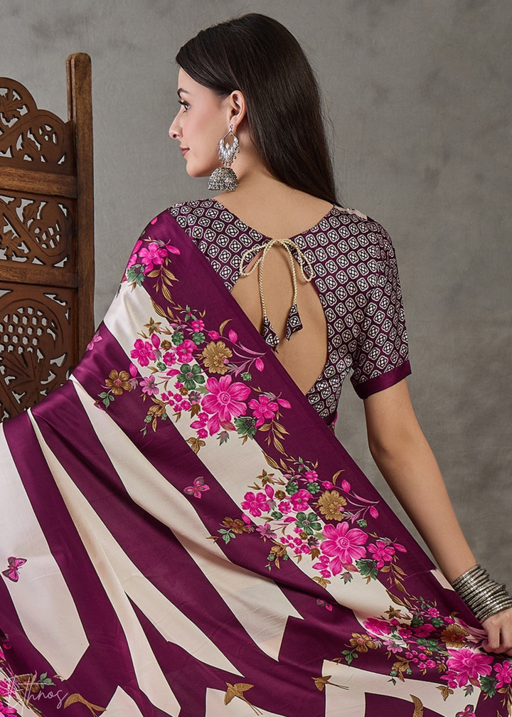 Wine Floral Striped Modal Silk Saree