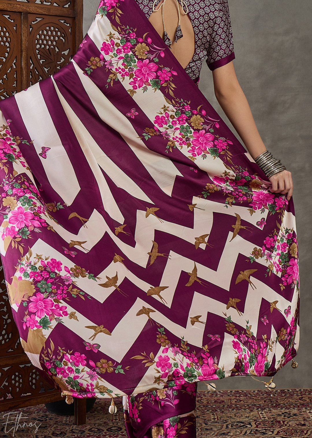 Wine Floral Striped Modal Silk Saree