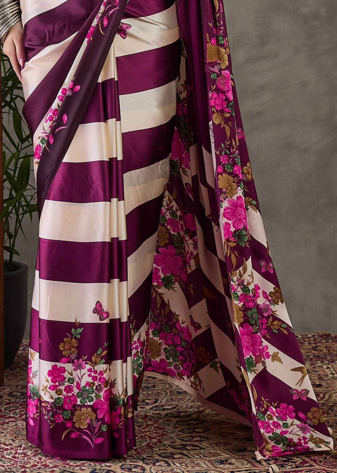 Wine Floral Striped Modal Silk Saree