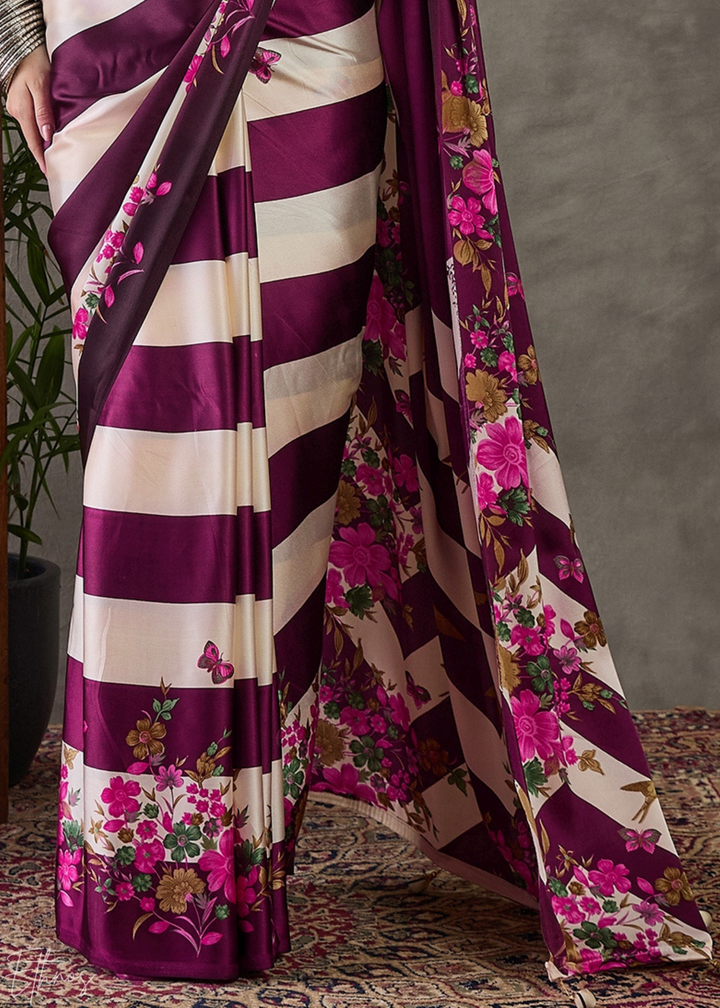 Wine Floral Striped Modal Silk Saree