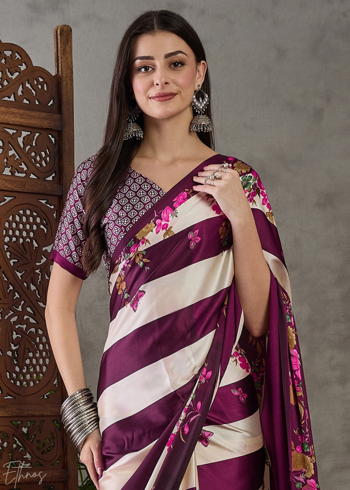 Wine Floral Striped Modal Silk Saree