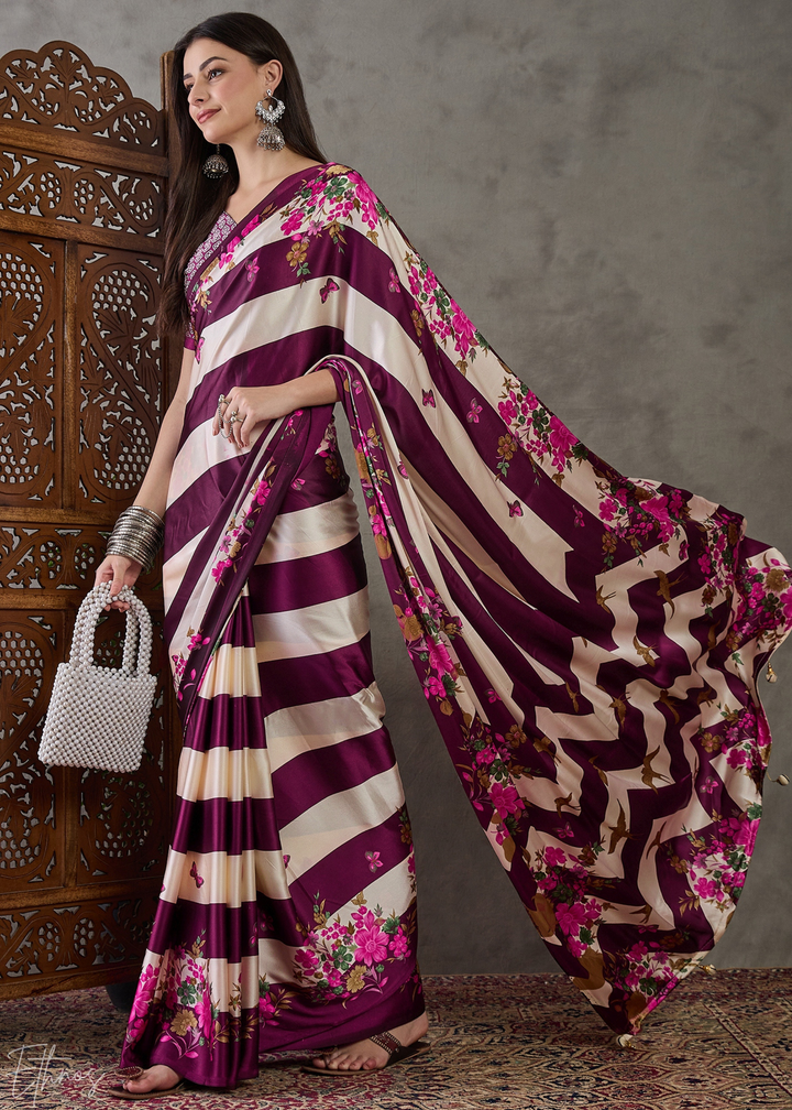 Wine Floral Striped Modal Silk Saree