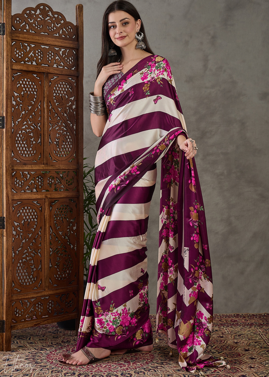 Wine Floral Striped Modal Silk Saree
