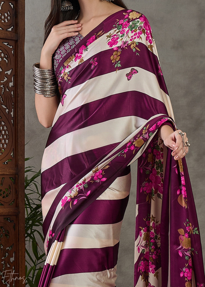 Wine Floral Striped Modal Silk Saree