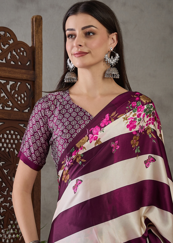 Wine Floral Striped Modal Silk Saree