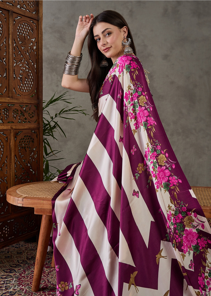Wine Floral Striped Modal Silk Saree