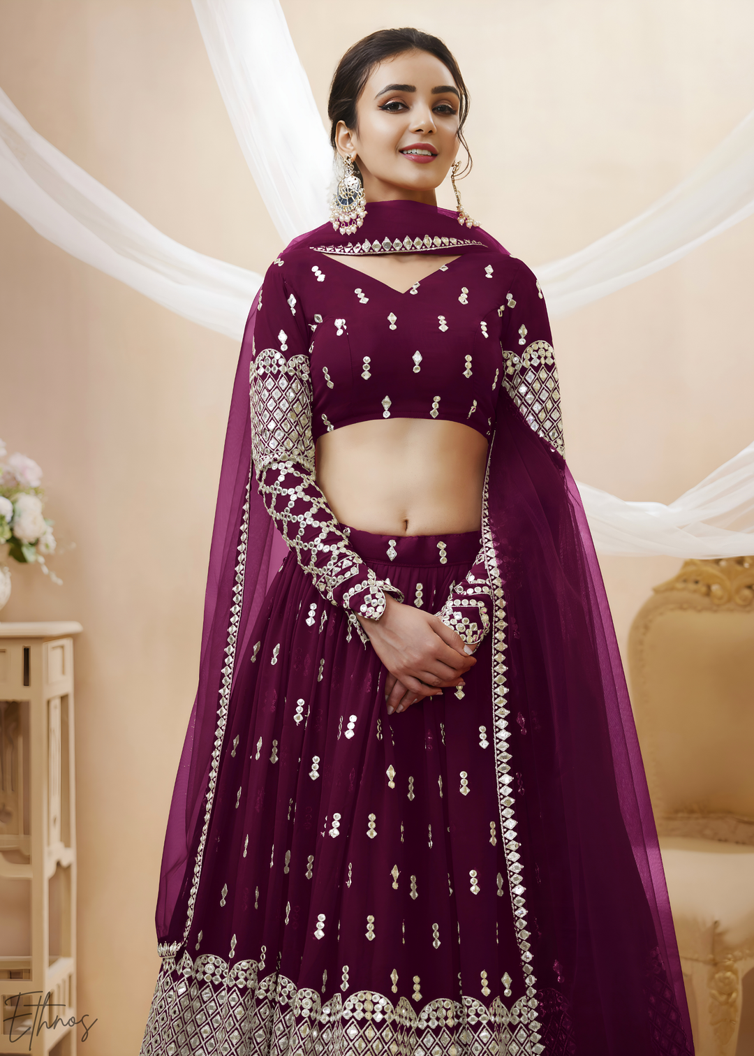 Wine Sequins Georgette Lehenga