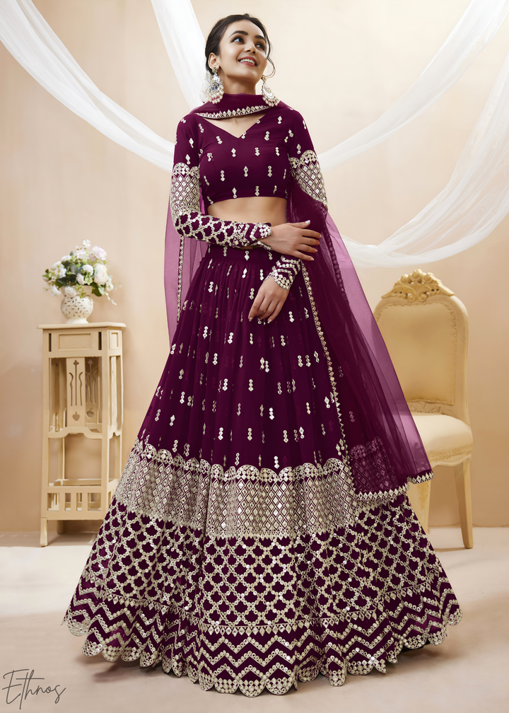 Wine Sequins Georgette Lehenga