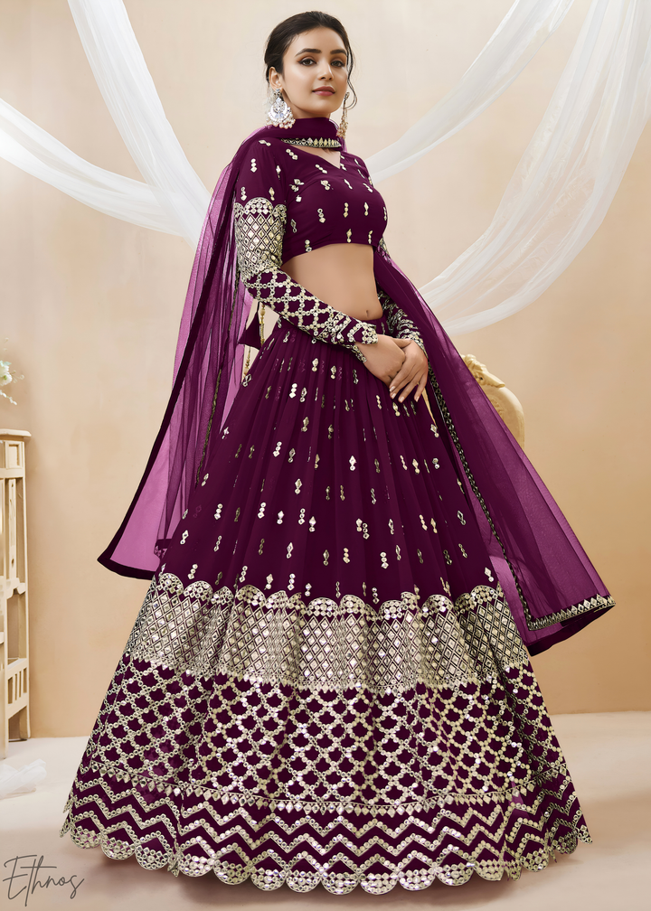 Wine Sequins Georgette Lehenga