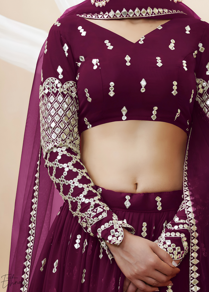 Wine Sequins Georgette Lehenga