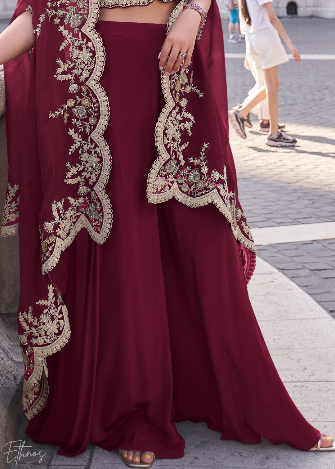 Wine Silk Shrug Choli Palazzo Suit