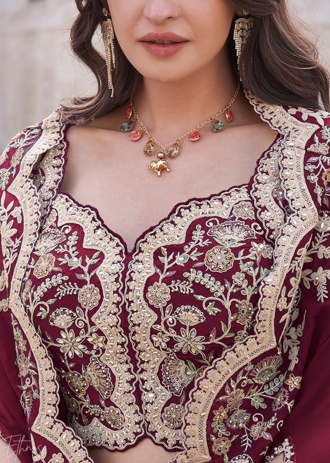 Wine Silk Shrug Choli Palazzo Suit