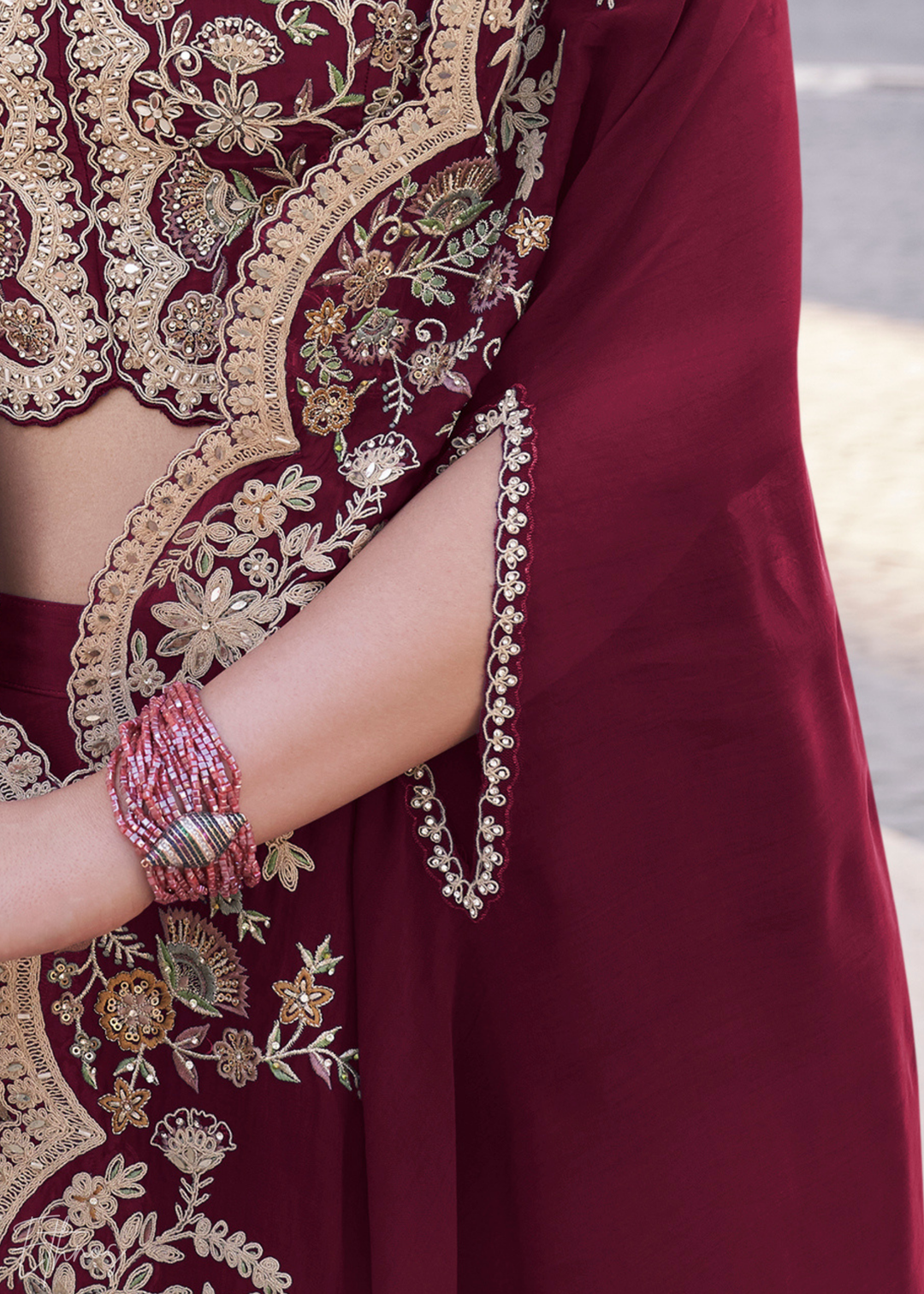 Wine Silk Shrug Choli Palazzo Suit