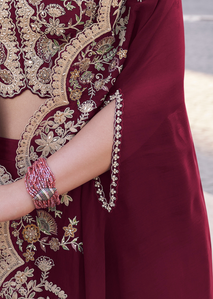Wine Silk Shrug Choli Palazzo Suit