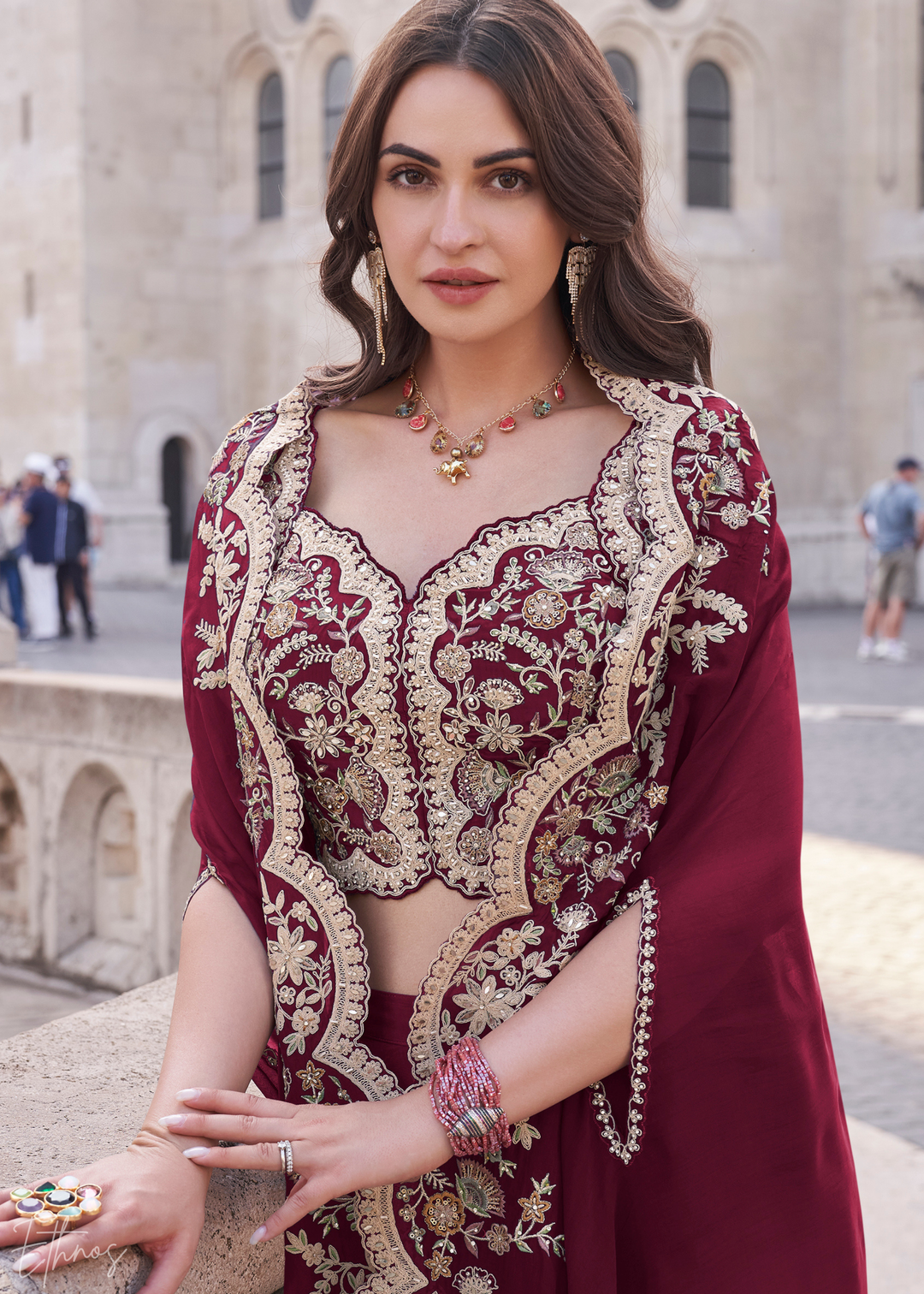 Wine Silk Shrug Choli Palazzo Suit