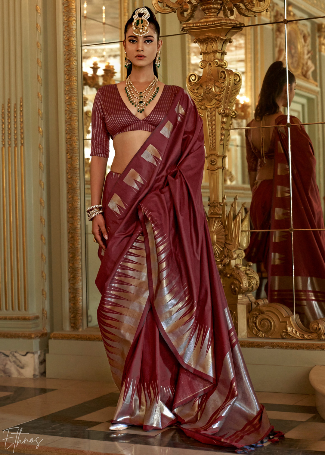 Wine Burgundy Metallic Temple Wave Silk Saree