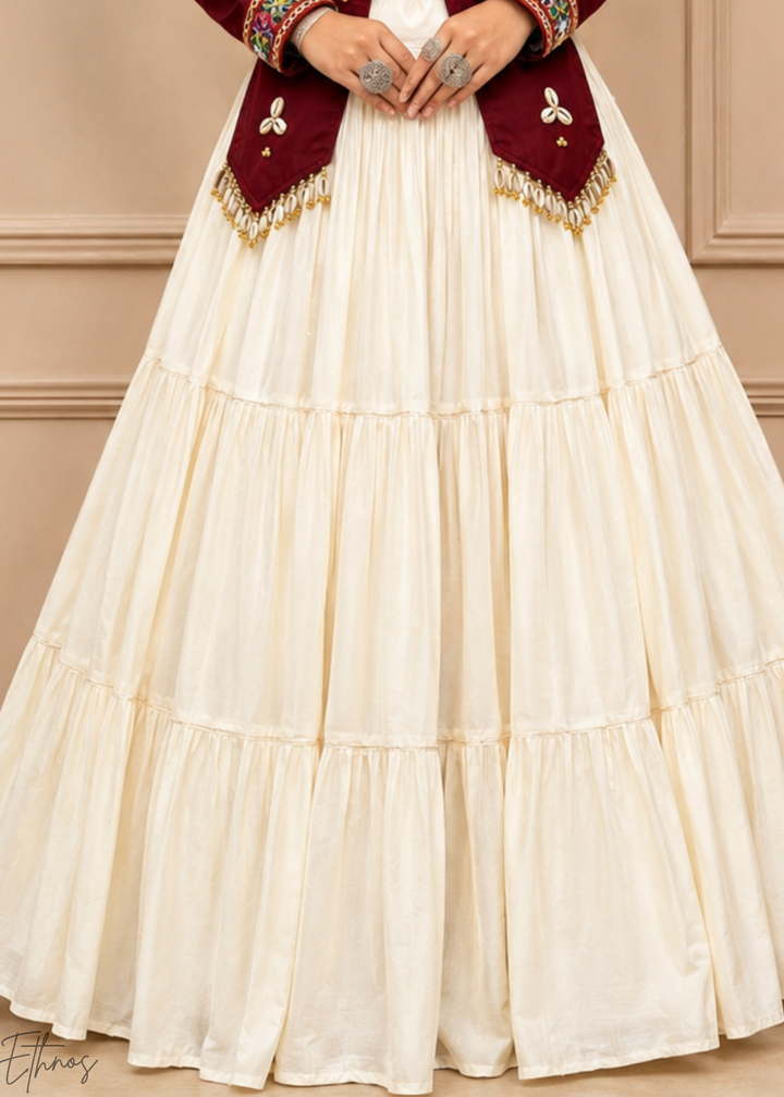 Wine Burgundy & Ivory Tiered Mirror Work Cotton Lehenga Choli
