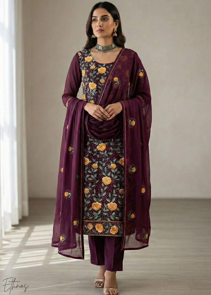 Wine Floral Georgette  Palazzo Suit