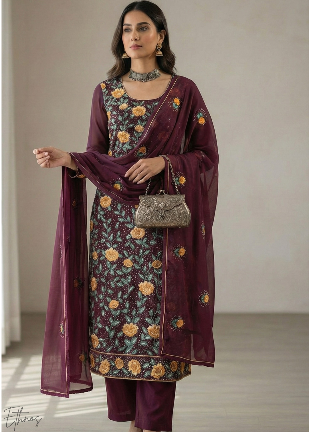 Wine Floral Georgette  Palazzo Suit