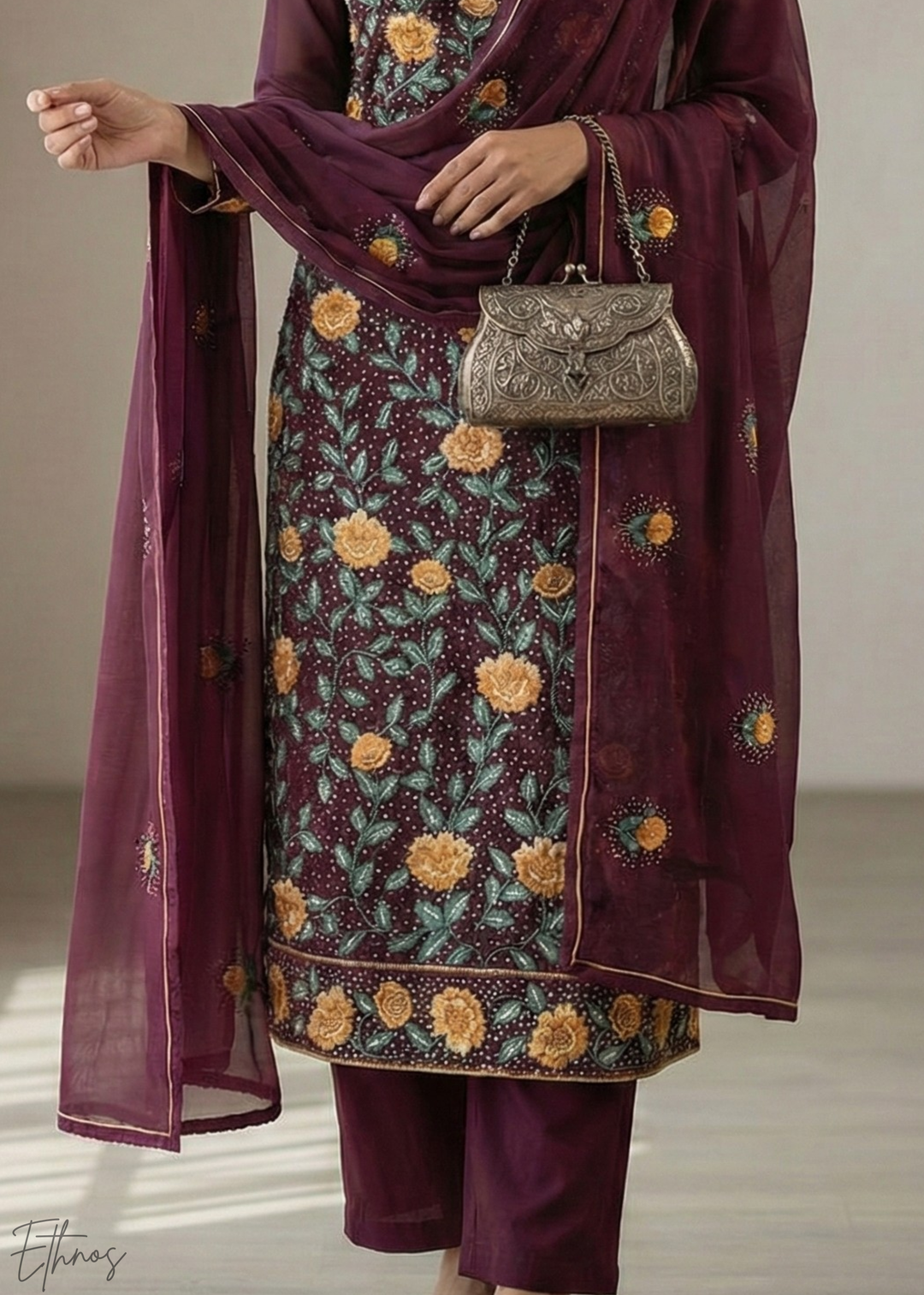 Wine Floral Georgette  Palazzo Suit